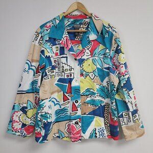 Additions by Chicos Boat Harbor Print Jacket Sz 3 XL Artsy Cotton Blend Long Slv